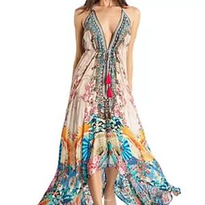 Blue and Orange Plunge Neck Sleeveless Maxi Dress